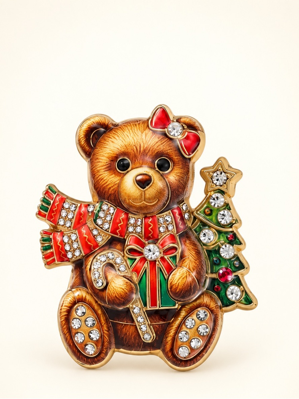 Christmas Teddy Bear Brown Gold Brooch